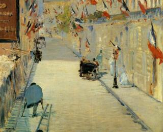 Lukisan Edouard Manet – Rue Mosnier Decorated with Flags, with a Man on Crutches 