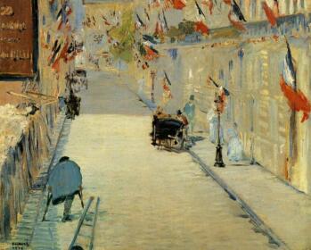 Lukisan Edouard Manet – Rue Mosnier Decorated with Flags, with a Man on Crutches 